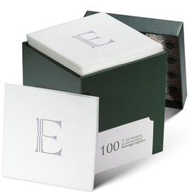100 Pack Disposable Monogrammed Cocktail Napkins, 5"x5" Linen-Feel Silver Foil Letter E Paper Napkins, Initial White Beverage Napkins For Wedding, Party, Bar Or Holiday