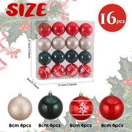 Tesochye 16 Pcs 3.1 Inch Christmas Ornaments Set,Red Green Pearl White Plastic Hanging Decorations Balls Set,Christmas Tree Pendants Ball Xmas Tree Ornament Decoration