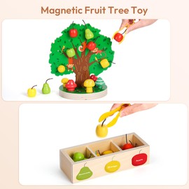Woodtoe Toddler Fine Motor Skill Toy - Apple Picking Magnetic Fruit Tree Toy | Montessori Wooden Color & Shape Sorting Puzzle | Early Learning Preschool Educational Birthday Toy for Kids 3-6