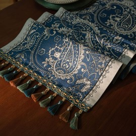 Spring Floral Table Runner 71in Long - Nordic Tail Blue Embroidery Jacquard with Tassels, Elegant Easter & Mother's Day Decor for Farmhouse Dining Table, Wedding & Dresser (Tail Blue, 13.7"x71")