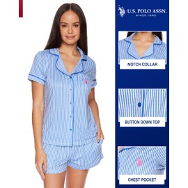U.S. Polo Assn. Summer Pajamas for Women - Woven PJ Set with Button Up Top and Shorts - Lounge Sets for Women (Royal Blue, X-Large)