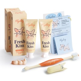FlyDog Fresh Kiss Dog Tooth Brushing Kit - Vet Approved Formula, Enzymatic Dog Toothpaste and Brush - Breath Freshener & Tartar Remover, 360° Toothbrush & Finger Brush, Dental Guide, Peanut Butter