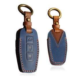 HIBEYO Leather Key Fob Cover for Mitsubishi Outlander 2022 2023 Accessories with Keychians 3 Button Key Case Shell for Mitsubishi Smart Remote Auto Key-Blue