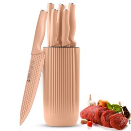 Mealia Kitchen Knife Set with Block, 6-Piece Non-stick Stainless Steel Sharp Knives Set for Precision Cutting with Universal Knife Block for Kitchen, Ergonomic Design & Dishwasher Safe, Pink