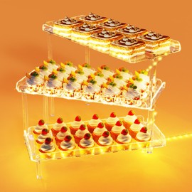 Bakzon 3 Tier Cupcake Stand, Acrylic Dessert Table Display Set with LED Light Premium Holder Dessert Serving Tray for Birthday Candy Bar Décor Weddings, Parties Events (Yellow Light)