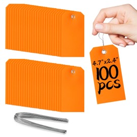 100 Pcs Marking Tags with String Rectangle Plastic Hang Tags Waterproof Orange Tags Wire Tags Write On Tie On Labels Tags for Auto Parts Luggage Garage Inventory DIY Price (Orange, 4 3/4" x 2 3/8")