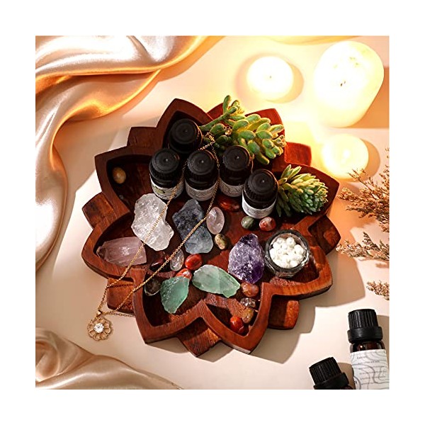 Lotus Mandala Crystal Tray Wooden Crystal Holder for Stones Lotus Shape Crystal Display Tray Wood Jewelry Plate Shelf Healing Crystal Organizer Large Bowl Decor for Gemstones, 7.9 x 7.9 Inch, Brown