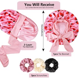 Heniho 1+3 gorros grandes de satén con coleteros para mujer, gorro de doble capa para el pelo, ideal para dormir, trenzas, cabello rizado, J