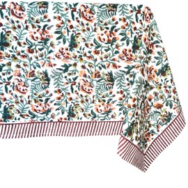 ATOSII Ambrosia Green 100% Cotton Rectangle Fall Tablecloth, Handblock Floral Print Linen Table Cloth for Kitchen Dining I Parties, Outdoors, Christmas, Thanksgiving I 72 X 140 Inches I 12 Seater
