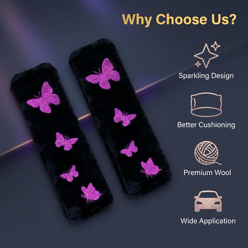 Prestrix Butterfly Glitter Seat Belt Strap Cover Pad, Fluffy Purple