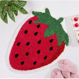 Bicuces Strawberry Bath Mat Strawberry Bathroom Rugs Strawberry Bathroom Decor Soft Absorbent Non Slip Red Bathroom Mats Fruit Shaped Bathtub Rug Bathroom Tub Fun Plush Shower Rugs Washable (Red)