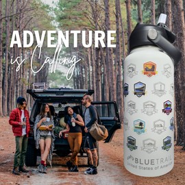 BlueTrail 50 States Water Bottle with Stickers - 32 oz Insulated Stainless Steel, Upgraded Leak-Proof Lid, UV & Waterproof Permanent Stickers, Laser Engraved 50 States of the USA (Slate Shadow Color)