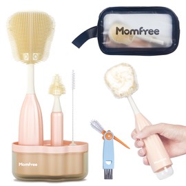 Momfree Baby Bottle Brush Kit, Push-Press Baby Bottle Cleaner Brush Can Generate Foam - Travel Cleaner Brush for Baby Bottles, Breast Pumps, Nipples, and More(with Storage Bag)