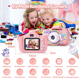 Wordtaiki Kids Camera for Girls Boys Toddlers Age 3-12,48MP Digital Camera for Kids with 64GB TF Card,8X Zoom,HD 1080P Video,Dual-Lens Kids Selfie Camera Toy,Christmas Birthday Gifts for Kids
