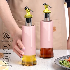 Miao’er Olive Oil Dispenser Bottle for Kitchen Set of 2, Golden Non-Drip & Leakproof Spout, One-handed Hold, With Pink Funnel for Easy Filling, 10OZ/300ML(PINK)