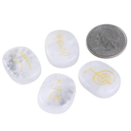 dssmboom Set of 4 Oval Rock Crystals Engraved with Usui Reiki Symbols, Pocket Worry Hand Stones for Chakra Balancing, Meditation and Spiritual Healing