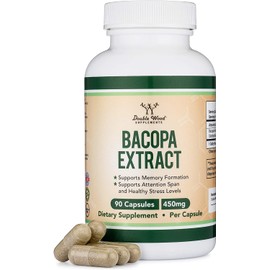 Bacopa Monnieri Capsules – 450mg, 90 Count (Made in USA) Non-GMO, Gluten Free, Concentrated 20% Bacosides Brahmi Extract by Double Wood Supplements