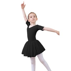 Tancefair Girls Ballet Dress Cotton Ballet Outfit Short Sleeve Ballet Dance Leotard Gymnastics Leotard with Soft Yarn Tutu Skirt Black