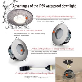 4XSweier LED Recessed IP65 Waterproof Downlight with LED GU10 Cool White 6000K GU10 Base for Bathroom and Kitchen Ceiling Spotlight, Downlight Cutout 68mm Non Dimmable