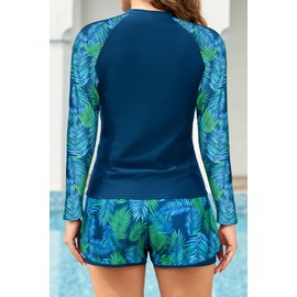 SHEKINI Women's 3 Piece Rash Guard Zipper Long Sleeve Wetsuit Top Padded Sports Bra with Boyshort, Green Blue Green Leaves, Large