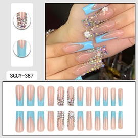FIEONCIY Press on Nails Coffin Long Length Acrylic Glossy Full Cover Square Shaped French False Nails with Designs Artificial Extra Long Fake Nails with Charms Glue ons Fingernails for Women(SGCY387)