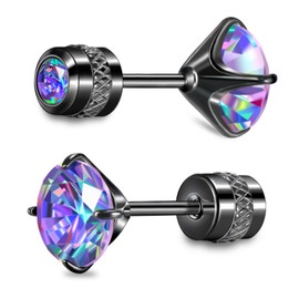 Hopply G23 Pure Titanium Earrings,20G Hypoallergenic Implant Grade Flatback 5A Cubic Zirconia Earrings Studs, Suitable for Women Men Sensitive Ears Jewelry Gift (Black+Rainbow CZ, 6mm)