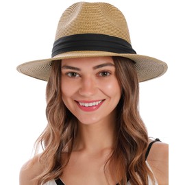 Sun Hat Womens Panama Hat Men Straw Hat Womens Wide Brim Hat Sun Protection Packable Roll up Fedora Beach Foldable Sun Hat with Chin Strap, Brown