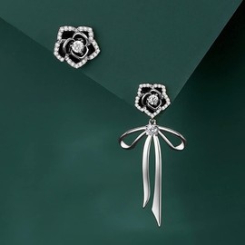 K.L.Y 18K Gold Earrings, Women's, Hypoallergenic, CZ, Zirconia, Rose, Swinging Earrings, Cute, Ribbon, 18K, Popular Earrings, Anniversary, Gift, Jewelry, Sterling Silver Silver Cubic Zirconia, Cubic