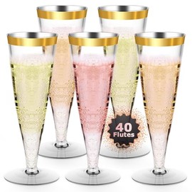 Lazyshine Plastic Champagne Flutes Gold Rim Disposable Wine Glasses - 40 Pack 4.5 Oz Mimosa Glasses Bulk Cocktail Cups for Party Supplies Wedding Bride Bar Women's Day, Copas De Plastico Para Brindis