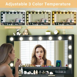 LIMGLIM Makeup Vanity Desk with Lights & Large Mirror, 39.3in Vanity Desk with Mirror and Lights, 3 Lighting Color Adjustable, 5 Drawers, Vanity with Lights for Bedroom Purple