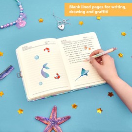 Glitter Diary Set - Mermaid Notebook Gift for Girls Children Blue Travel Private Journals Notepads A5 Writing Notepad Ballpoint Pen Sticker Tape with Lock and Keys