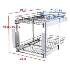 2 Tier Pull Out Cabinet Organizer, 23" W x 21" D Heavy-Duty Metal Sliding Drawer Shelf for Kitchen Cabinets, Chrome, Doesn't Include Door Fittings