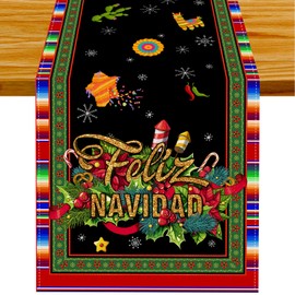 Linen Mexican Serape Christmas Table Runner Feliz Navidad Decorations Mexican Christmas Xmas Winter Holiday Home Kitchen Table Decorations 13x72 Inch