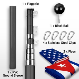G128 Combo Pack: 25 Ft Telescoping Aluminum Flagpole (Black) & American and Cuba Flags 3x5 Ft, Both ToughWeave Series Embroidered Polyester | Pole with Flags Included