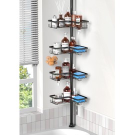ZUNTO Shower Caddy Corner for Bathroom, Tension Pole, Adjustable 25in-114in Floor to Ceiling, Standing Shower Tension Rod Organizer, 4 Tier Storage Shelves, Matte Black