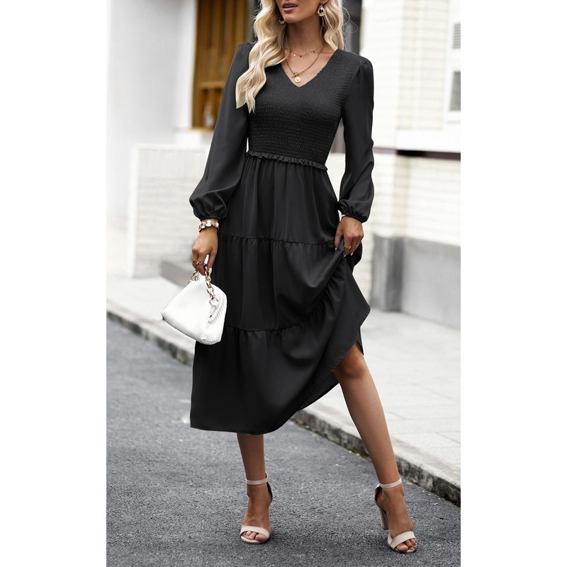 Women's 2025 Casual Long Sleeve Spring Fall Dress V Neck