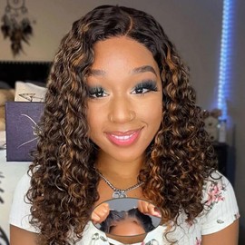 Smilegirl 1B/30 Bob Honey Brown Wig Human Hair Deep Wave 5x5 HD Lace Closure Wigs Human Hair Wear and Go Pre Cut Brown Highlight Wig Human Hair Short Wigs for Black Women 14"