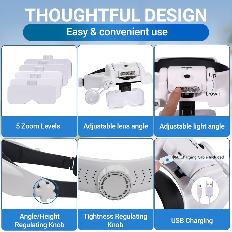 YOCTOSUN Magnifying Glasses with Light 1X-14X, Rechargeable LED Headband Magnifier