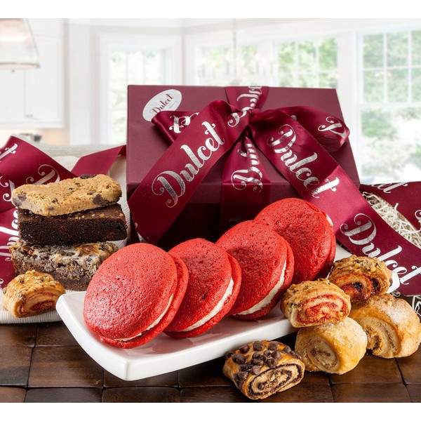 Dulcet Gift Baskets Gourmet Fresh Baked Pastry Gift Basket Filled with Red Velvet Whoopie Pie, Fudge Brownie & Flaky Rugelah The for Holidays, Birthday, Sympathy, & Family or Office Gatherings for Men & Women- Prime Delivery
