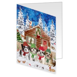 Christmas Cabin Furry Malti Tzu Dog Greeting Cards - Adorable Pets Invitation Cards with Envelopes - Pet Artwork Christmas Greeting Cards (50 Greeting Card)