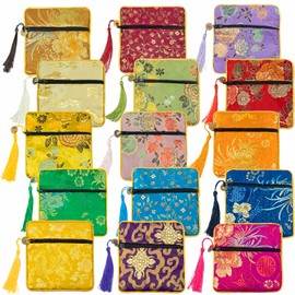 15 Pcs Silk Coin Bags, Jewelry Gift Bags, Coin Pouch, Change Purse,Zipper Coin Pouch Purse, Chinese Style Change Purse, Accessory Storage and Organization for Women Gift (4.7 x4.7 inches)
