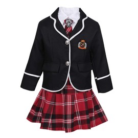 Hansber Big Girls Girls 4Pcs British Winter School Uniform Long Sleeves Shirt Blazer Suit with Mini Skirt Tie Set Black 7-8