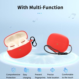 for Baseus Bowie MF1 Case Cover,NOUKAJU Earphone Protective Cover(with Carabiner + Lanyard + Cleaning Pen) Drop-Proof,Shock-Proof,Protective Case for Baseus Bowie MC1 Open Ear Clip-On Earbuds(Red)