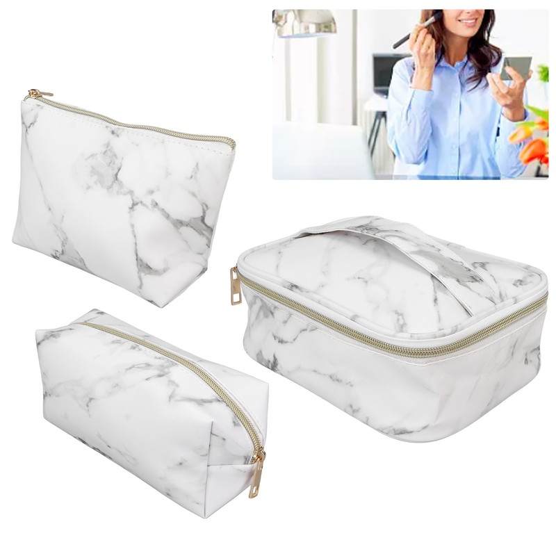 3Pcs Women Cosmetic Bag Marble Print Makeup Case Storage Handbag