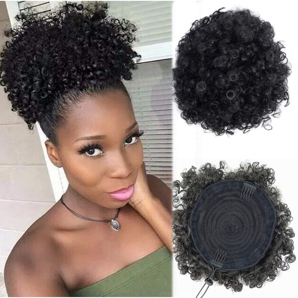 Xiaoliangyiyz Afro Puff Kinky African American Synthetic Hair Bun Extensions Wig Drawstring Ponytail (1B)