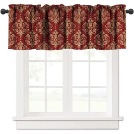 Red Damask Valance Curtain, Vintage Classic Luxury Dark Red Golden Floral Damask Print Rod Pocket Blackout Short Window Treatment for Home Bedroom Party Decor, 54x18inch