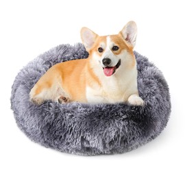 NOYAL Calming Donut Dog Bed for Small to Medium Dogs & Cats - Plush Faux Fur Anti-Anxiety Pet Bed with Machine Washable Cover & Non-Slip Base