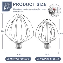 KN256WW 6-Wire Whip Kitchen Mixers Attachment Fits for 6 Quart Bowl-Lift Stand Mixer Accessory Replacement,Stainless Steel Whisk Replaces KV25GOX,KD2661X,KP26M1X,KT2651X by Sikawai
