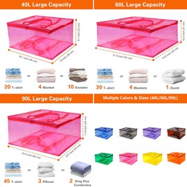 Vieshful Pink 40L+60L+90L Clear Clothes Storage Bag with Zipper 3 Pack Colorful Clothes Organizer Vinyl Storage Bag for Comforter, Blanket, Bedding, Duvet, Transparent Moving Totes