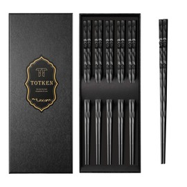 TOTKEN Chopsticks, 5 Pairs Reusable Black Dishwasher Safe Non-Slip Chopsticks with Gift Box (Vintage Style)